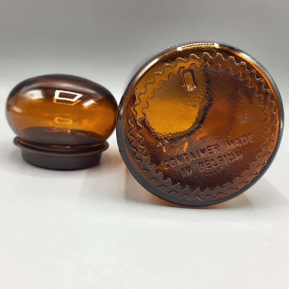 Vintage Amber Brown Glass Apothecary Jar With Bubble Lid Made In Belgium